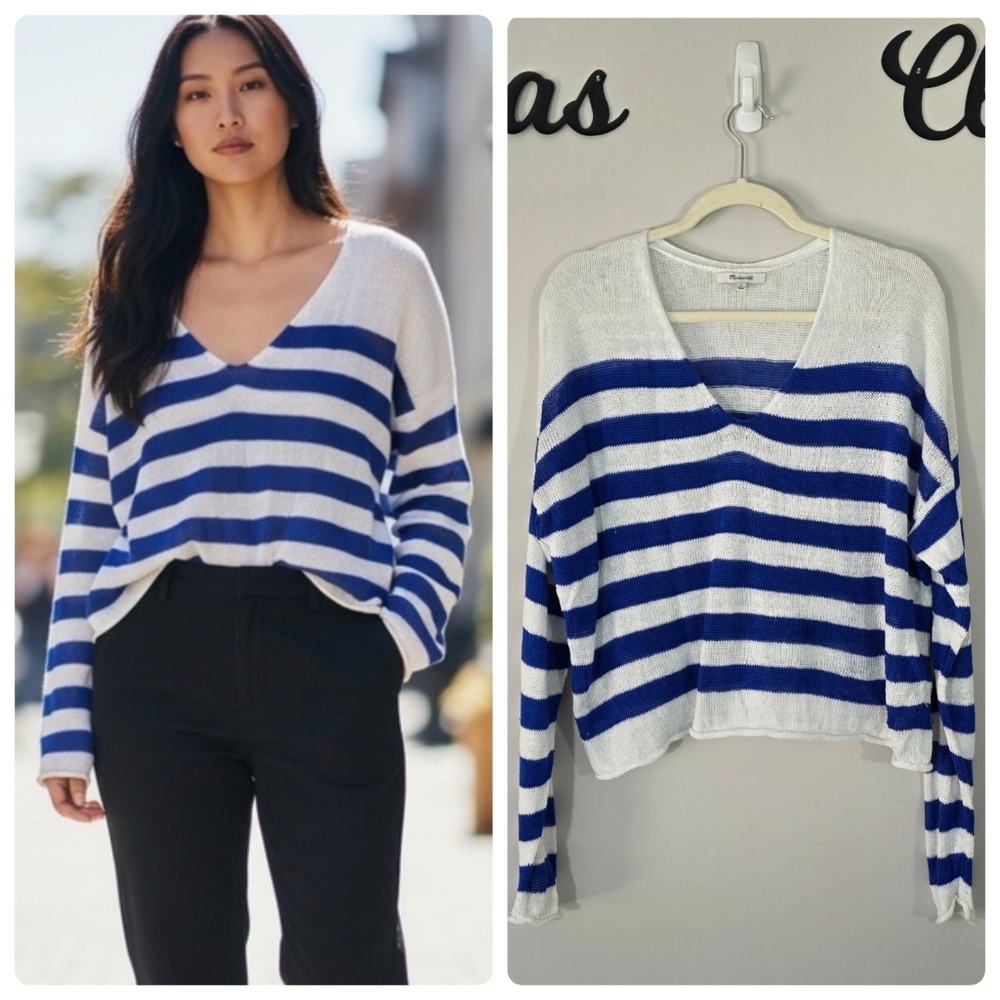MADEWELL Linen V-Neck Sapphire Stripe Blue White Sweater Size Large